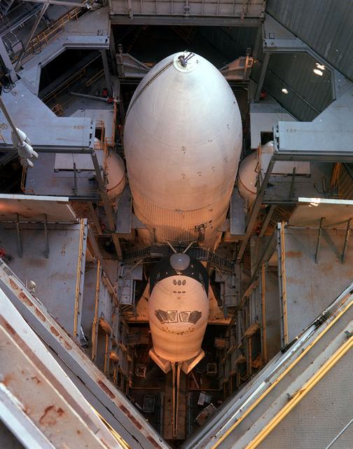 In its mated liftoff configuration of External Tank (ET) and Solid Rocket Boosters (SRB's), the Orbiter Enterprise (OV101) is pictured in the Marshall Space Flight Center Dynamic Test Stand for a Mated Vertical Ground Vibration Test (MVGVT).