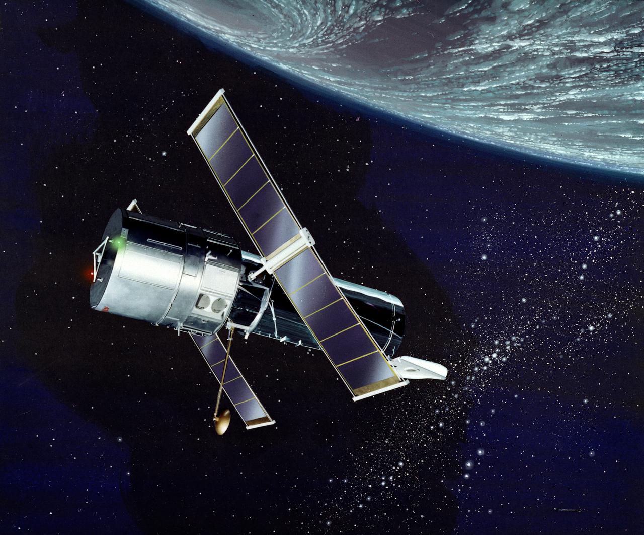 This illustration depicts a side view of the Hubble Space Telescope (HST). The HST is the product of a partnership between NASA, European Space Agency Contractors, and the international community of astronomers. It is named after Edwin P. Hubble, an American Astronomer who discovered the expanding nature of the universe and was the first to realize the true nature of galaxies. The purpose of the HST, the most complex and sensitive optical telescope ever made, is to study the cosmos from a low-Earth orbit. By placing the telescope in space, astronomers are able to collect data that is free of the Earth's atmosphere. The HST detects objects 25 times fainter than the dimmest objects seen from Earth and provides astronomers with an observable universe 250 times larger than visible from ground-based telescopes, perhaps as far away as 14 billion light-years. The HST views galaxies, stars, planets, comets, possibly other solar systems, and even unusual phenomena such as quasars, with 10 times the clarity of ground-based telescopes. The major elements of the HST are the Optical Telescope Assembly (OTA), the Support System Module (SSM), and the Scientific Instruments (SI). The HST is approximately the size of a railroad car, with two cylinders joined together and wrapped in a silvery reflective heat shield blanket. Wing-like solar arrays extend horizontally from each side of these cylinders, and dish-shaped anternas extend above and below the body of the telescope. The HST was deployed from the Space Shuttle Discovery (STS-31 mission) into Earth orbit in April 1990. The Marshall Space Flight Center had responsibility for design, development, and construction of the HST. The Perkin-Elmer Corporation, in Danbury, Connecticut, developed the optical system and guidance sensors. The Lockheed Missile and Space Company of Sunnyvale, California produced the protective outer shroud and spacecraft systems, and assembled and tested the finished telescope. 