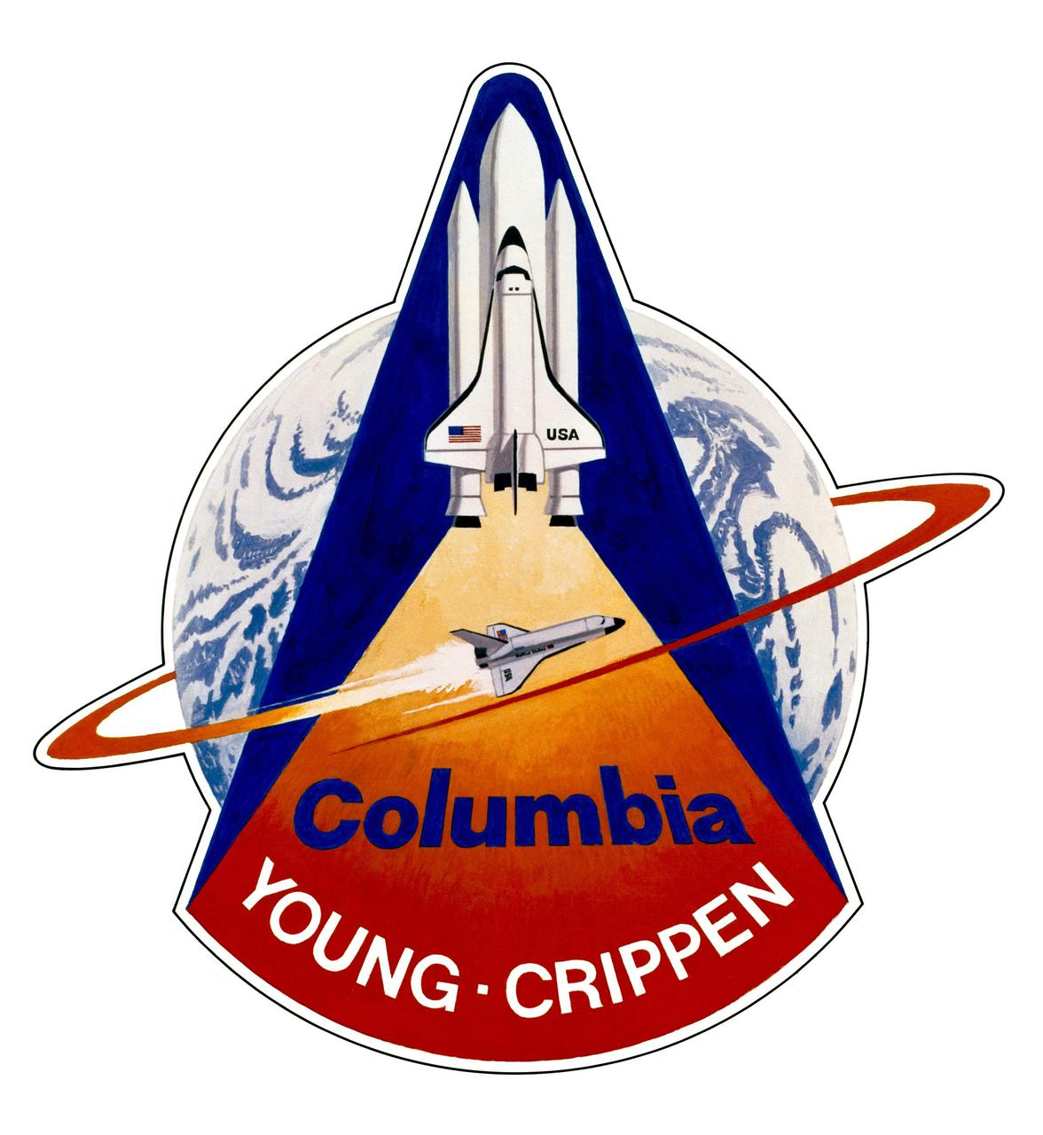 KENNEDY SPACE CENTER, FLA.  -    This is the official insignia for the first Space Shuttle orbital flight test (STS-1). Crew of the OV-102 Columbia on STS-1 will be astronauts John W. Young, commander, and Robert L. Crippen, pilot. The artwork was done by artist Robert McCall.   The STS-1 mission, known as a shuttle systems test flight, will seek to demonstrate safe launch into orbit and safe return of the orbiter and crew and verify the combined performance of the entire shuttle vehicle -- orbiter, solid rocket boosters and external tank.  STS-1 will be launched from Pad A at the Kennedy Space Center's Launch Complex 39 no earlier than March 1981.