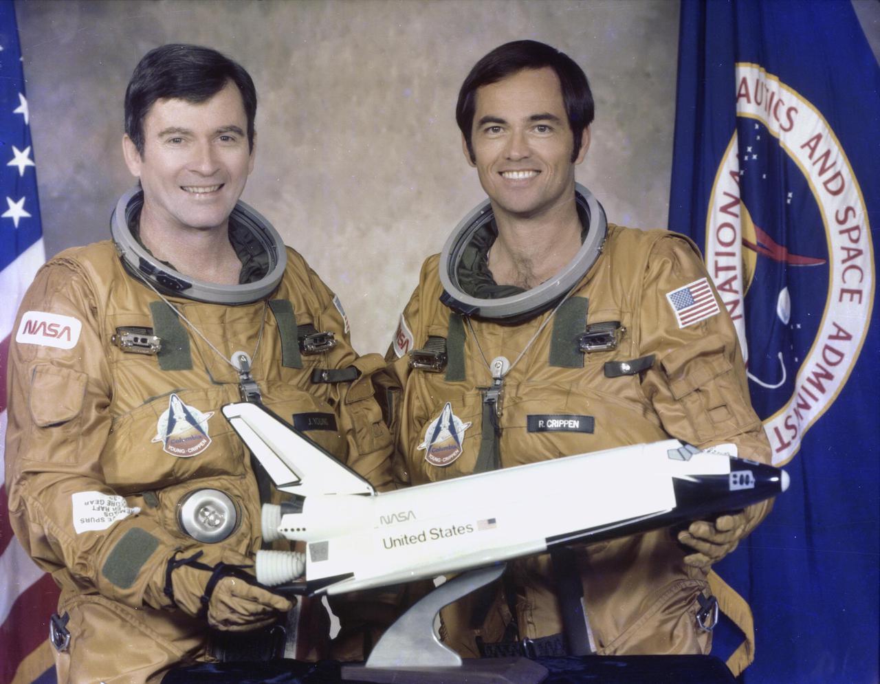 JOHNSON SPACE CENTER, HOUSTON, TX. - STS-1 Official Crew Portrait - Astronauts John W. Young, left, Crew Commander, and Robert L. Crippen, Pilot.  The STS-1 mission, known as a shuttle systems test flight, will seek to demonstrate safe launch into orbit and safe return of the orbiter and crew and verify the combined performance of the entire shuttle vehicle -- orbiter, solid rocket boosters and external tank.  STS-1 will be launched from Pad A at the Kennedy Space Center's Launch Complex 39 no earlier than March 1981.