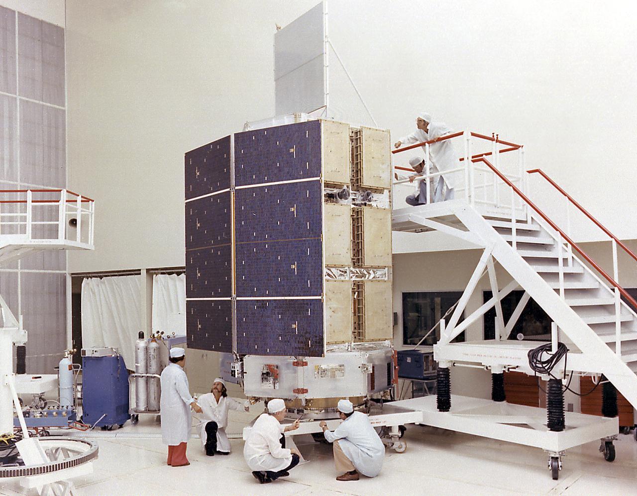 This photograph shows the High Energy Astronomy Observatory (HEAO)-3 being assembled at TRW, Inc. Designed and developed by TRW, Inc. under the direction of the Marshall Space Flight Center, the objectives of the HEAO-3 were to survey and map the celestial sphere for gamma-ray flux and make detailed measurements of cosmic-ray particles. It carried three scientific experiments: a gamma-ray spectrometer, a cosmic-ray isotope experiment, and a heavy cosmic-ray nuclei experiment. The HEAO-3 was originally identified as HEAO-C but the designation was changed once the spacecraft achieved orbit. The Marshall Space Flight Center had the project management responsibilities for the HEAO missions. 