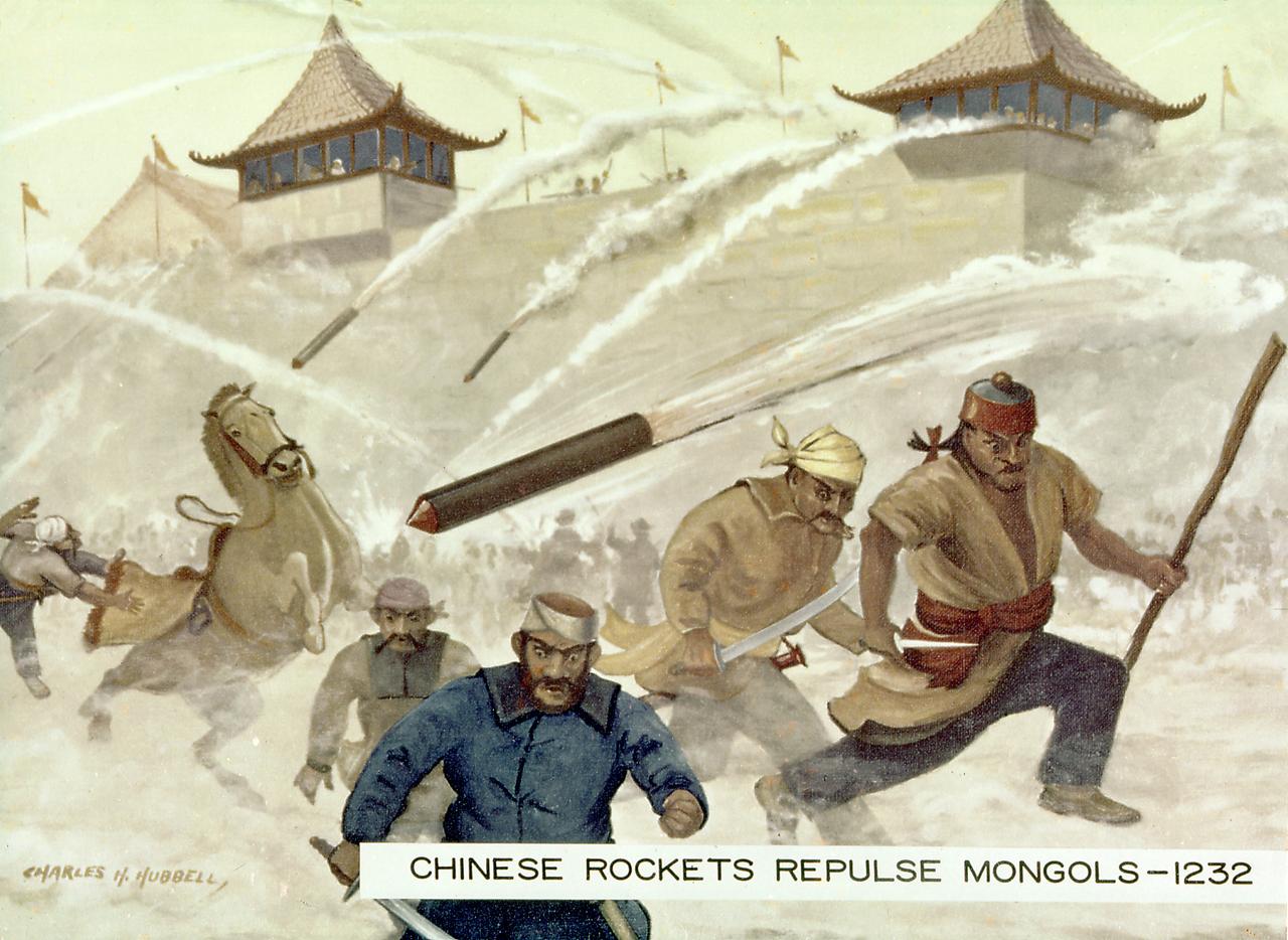 One of the earliest recorded instances of the use of rockets was as military weapons against the Mongols by the Chinese at the siege of Kai Fung Foo in 1232 A.D. An arrow with a tube of gunpowder produced an arrow of flying fire. The Mongol attackers fled in terror, even though the rockets were inaccurate and relatively harmless.