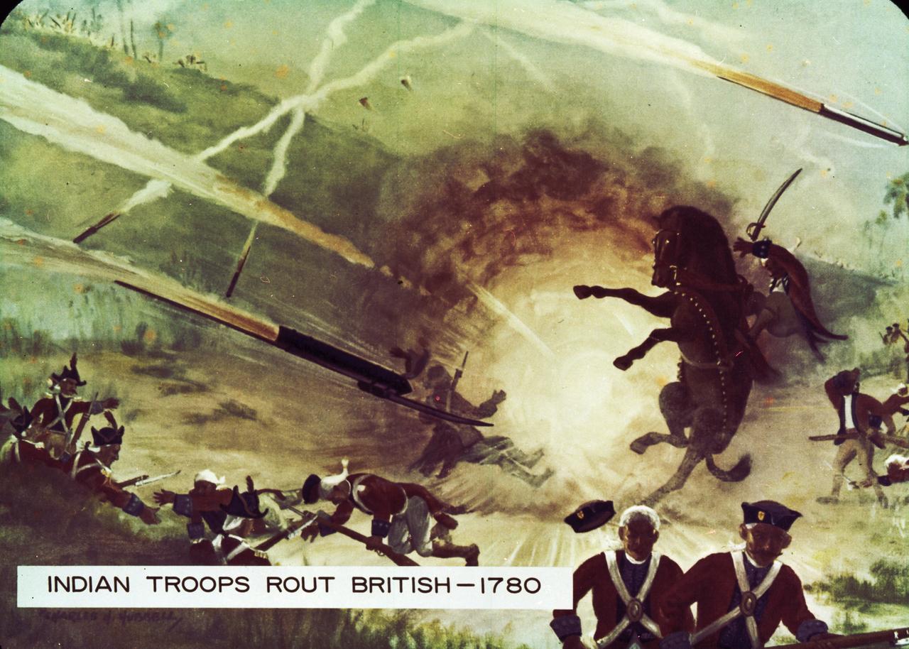 The English confrontation with Indian rockets came in 1780 at the Battle of Guntar. The closely massed, normally unflinching British troops broke and ran when the Indian army laid down a rocket barrage in their midst.