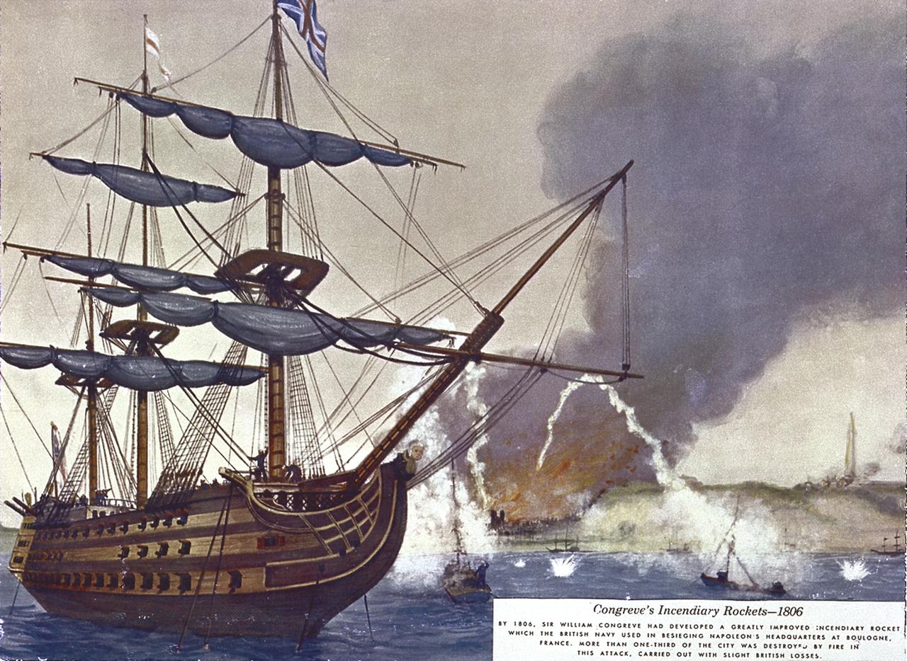 Sir William Congreve developed a rocket with a range of about 9,000 feet. The incendiary rocket used black powder, an iron case, and a 16-foot guide stick. In 1806, British used Congreve rockets to attack Napoleon's headquarters in France. In 1807, Congreve directed a rocket attack against Copenhagen. 