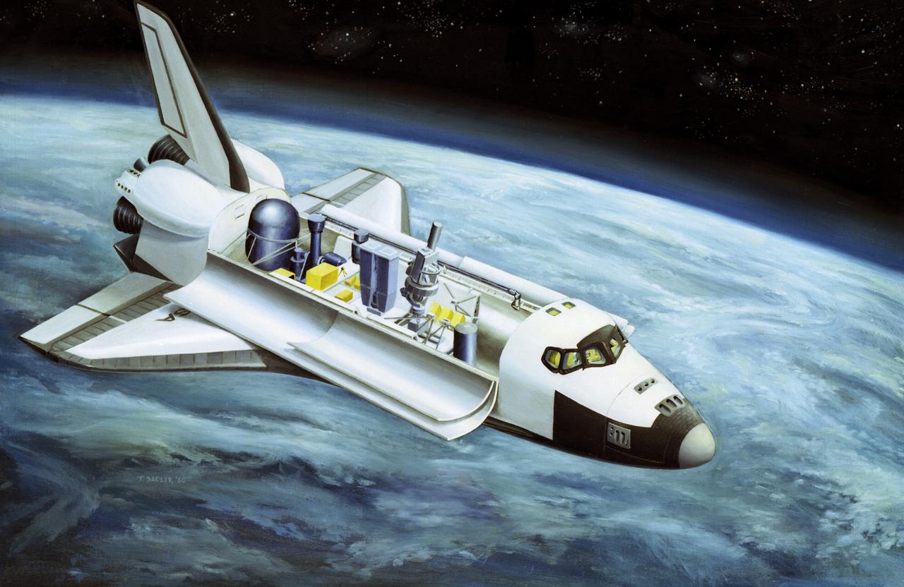This illustration depicts the configuration of the Spacelab-2 in the cargo bay of the orbiter. Spacelab was a versatile laboratory carried in the Space Shuttle's cargo bay for scientific research flights. Each Spacelab mission had a unique design appropriate to the mission's goals. A number of Spacelab configurations could be assembled from pressurized habitation modules and exposed platforms called pallets. Spacelab-2 was the first pallet-only mission. One of the goals of the mission was to verify that the pallets' configuration was satisfactory for observations and research. Except for two biological experiments and an experiment that used ground-based instruments, the Spacelab-2 scientific instruments needed direct exposure to space. On the first pallet, three solar instruments and one atmospheric instrument were mounted on the Instrument Pointing System, which was being tested on its first flight. The second Spacelab pallet held a large double x-ray telescope and three plasma physics detectors. The last pallet supported an infrared telescope, a superfluid helium technology experiment, and a small plasma diagnostics satellite. The Spacelab-2 mission was designed to capitalize on the Shuttle-Spacelab capabilities, to launch and retrieve satellites, and to point several instruments independently with accuracy and stability. Spacelab-2 (STS-51F, 19th Shuttle mission) was launched aboard Space Shuttle Orbiter Challenger on July 29, 1985. The Marshall Space Flight Center had overall management responsibilities of the Spacelab missions.
