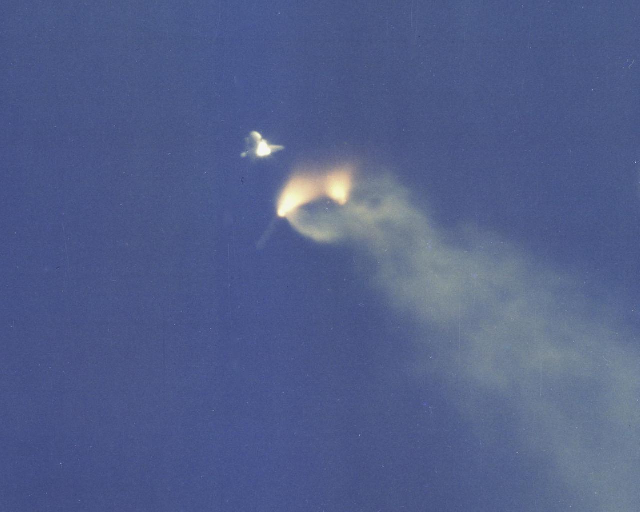 KENNEDY SPACE CENTER, FLA. - Separation of the Space Shuttle’s solid rocket boosters (SRB’s) occurs at two minutes, 11 seconds after launch from Pad A, Launch Complex 39. This sequence, showing initiation of separations, and falling away of the two booster casings, still spewing sparks from their white-hot linings, was taken by a 70mm radar-tracked Photosonic motion picture camera with a 360-inch focal lens, from Universal Camera Site 10, located on KSC approximately eight miles north of the launch pad. The three frames were taken from a 1,000 foot run of EF film exposed at a rate of 40 frames per second.