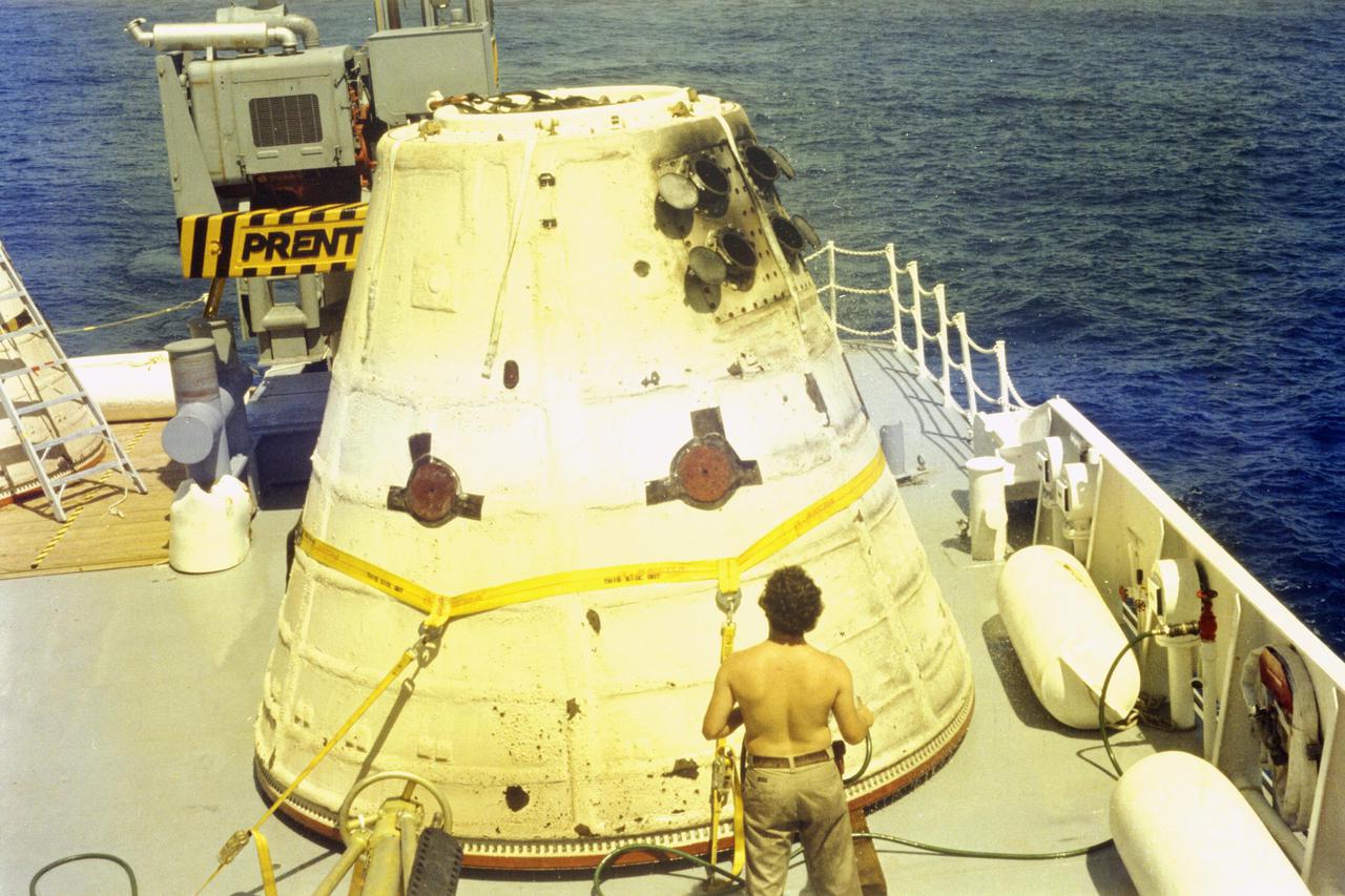 KENNEDY SPACE CENTER, FLA. - A frustum from one of the two solid rocket boosters that helped launch Space Shuttle Columbia on her maiden voyage is recovered at sea on April 13, by one of the two recovery ships, UTC Freedom and UTC Liberty, specifically built for the purpose. The frustum, located just aft of the nose cone, contains the main parachute that lowers the expended rocket casing into the sea for recovery and reuse. Columbia was launched April 12 on mission STS-1, known as a shuttle systems test flight. The flight seeks to demonstrate safe launch into orbit and safe return of the orbiter and crew and verify the combined performance of the entire shuttle vehicle -- orbiter, solid rocket boosters and external tank.