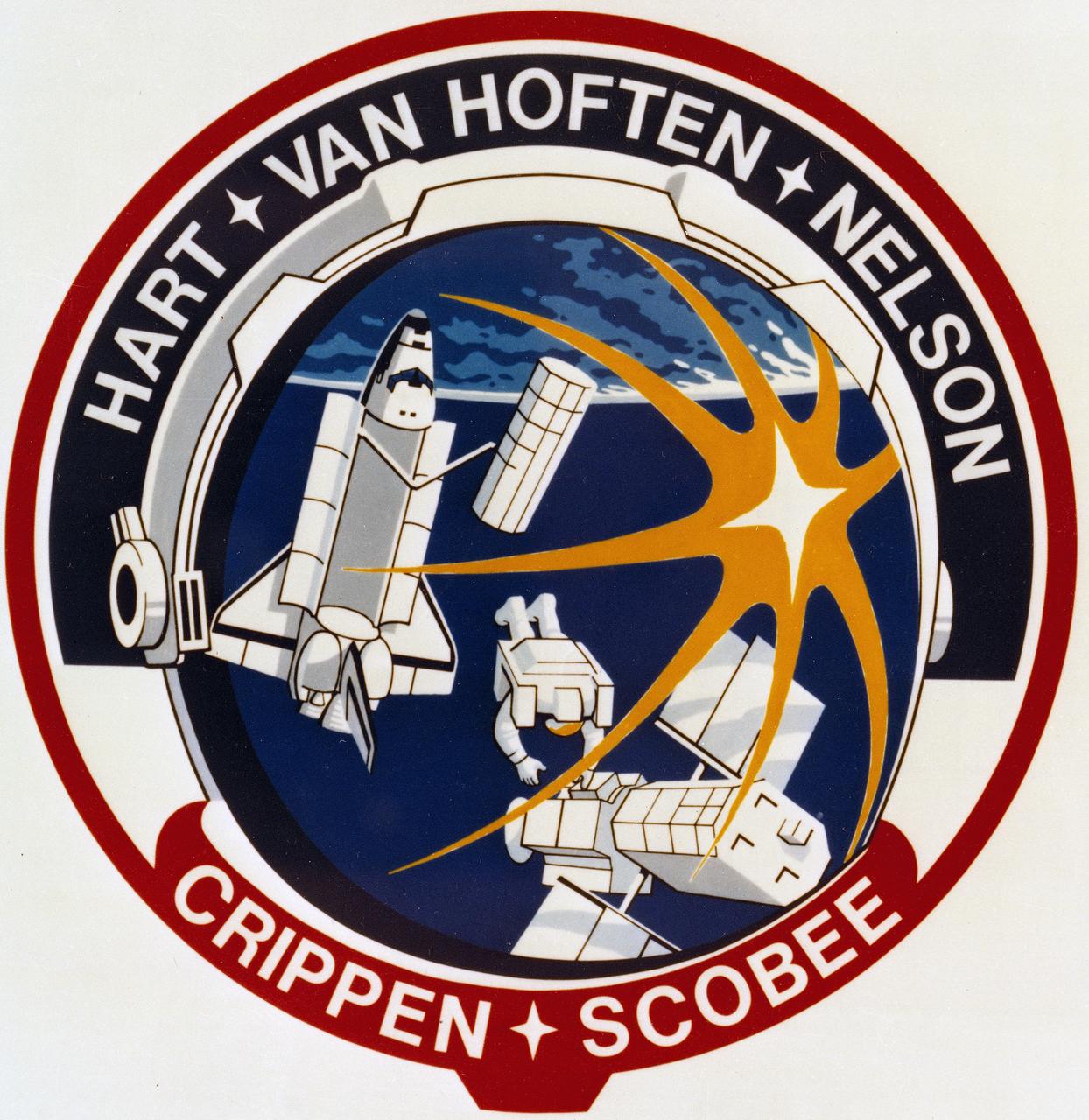 The patch features a helmet visor of an astronaut performing an extravehicular activity. In the visor are reflected the sun's rays, the Challenger and its remote manipulator system (RMS) deploying the long duration exposure facility (LDEF), the Earth and blue sky, and another astronaut working at the damaged Solar Maximum Satellite (SMS). The scene is encircled by the surnames of the crewmembers. 