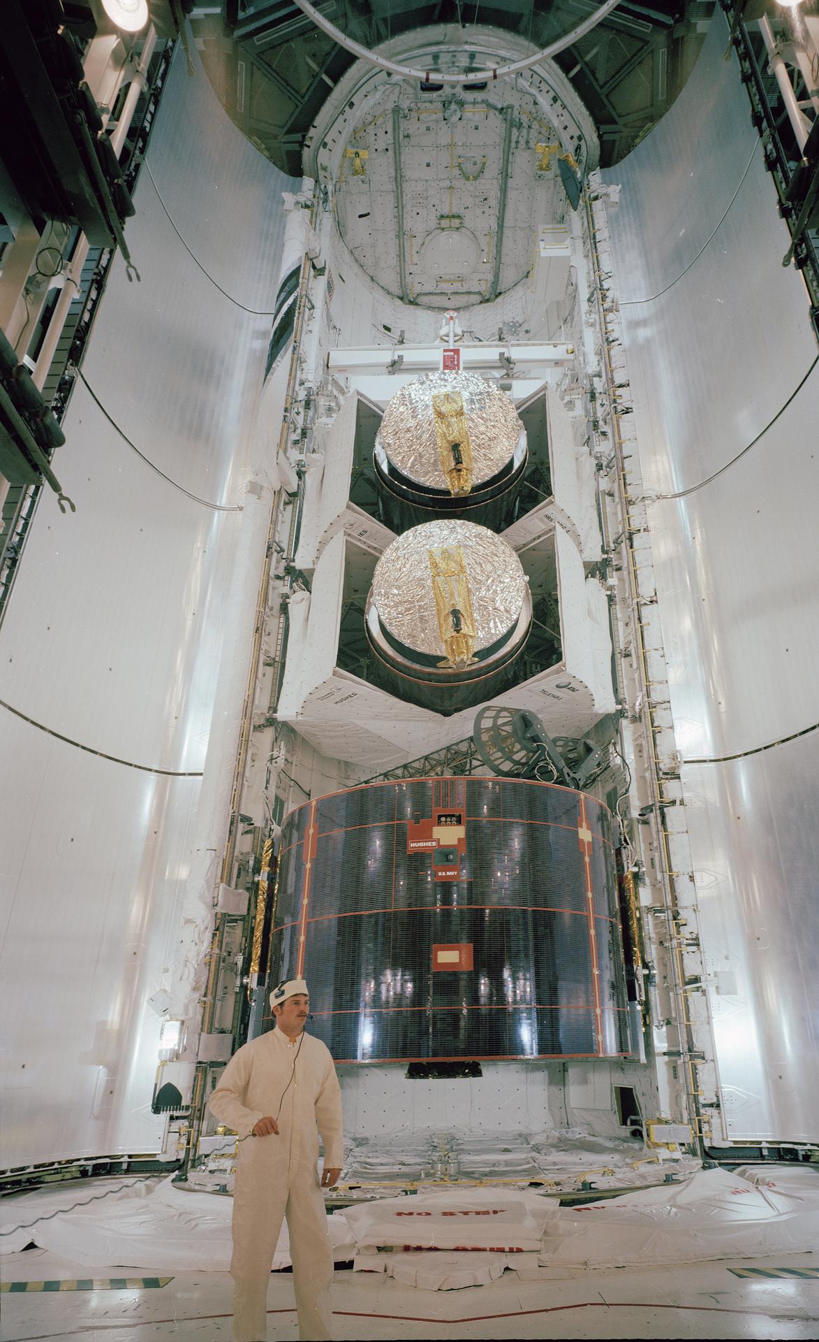 Several payloads shown inside Space Shuttle Discovery's payload bay