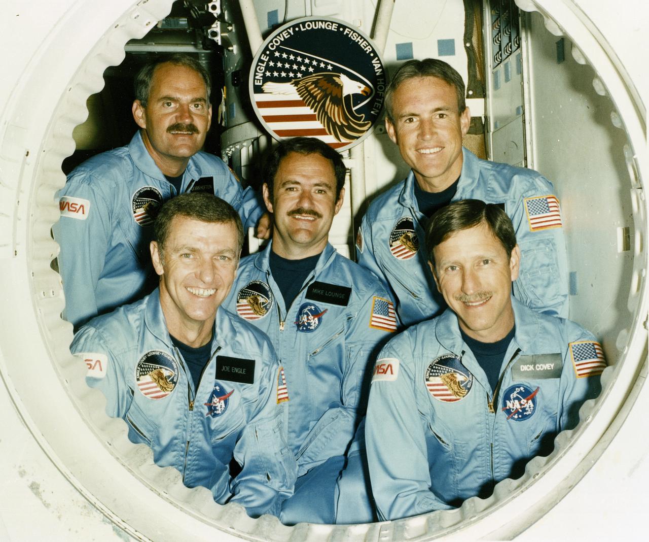 The crew assigned to the STS-51I mission included (front row left to right) Joe H. Engle, commander; and Richard O. Covey, pilot. In the center is John M. (Mike) Lounge, mission specialist. On the back row, from left to right, are mission specialists James D. van Hoften, and William F. Fisher. Launched aboard the Space Shuttle Discovery on August 27, 1985 at 6:58:01 am (EDT), the STS-51I mission’s primary payloads were three communication satellites: the ASC-1 for the American Satellite Company; the AUSSAT-1, an Australian communications satellite; and the SYNCOM-IV-4, the synchronous communications satellite. 