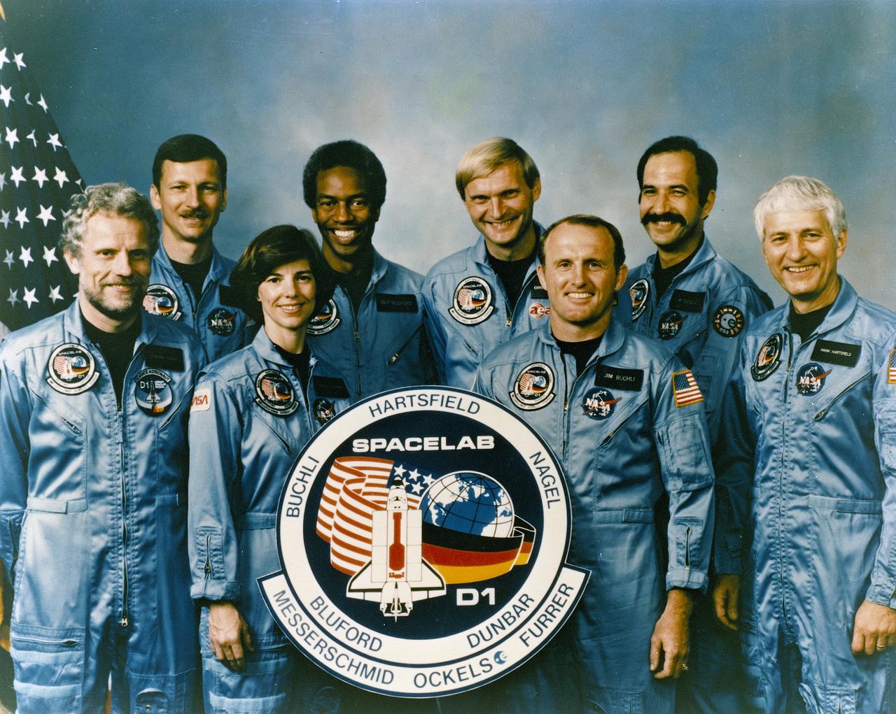 The crew assigned to the STS-61A mission included (front row left to right) Reinhard Furrer, German payload specialist; Bonnie J. Dunbar, mission specialist; and Henry W. Hartsfield, Jr. commander. On the back row, left to right, are Steven R. Nagel, pilot; Guion S. Bluford, mission specialist; Ernst Messerscmid, German payload specialist; and Wubbo J. Ockels, Dutch payload specialist.  Launched aboard the Space Shuttle Challenger on October 30, 1985 at 12:00:00 noon (EST), the STS-61A mission’s primary payload was the Spacelab D-1 (German Spacelab mission).
