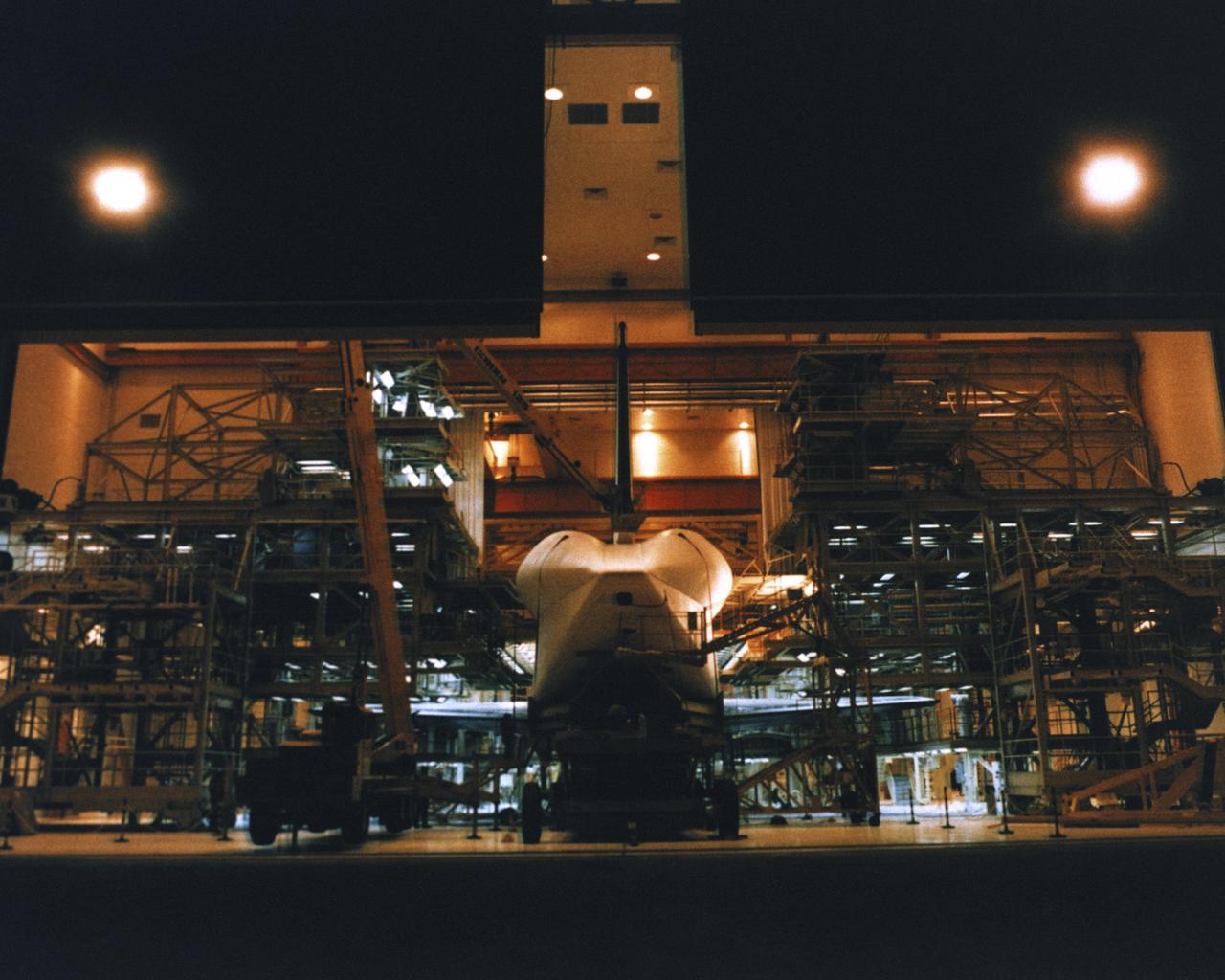 Enterprise inside the Orbiter Maintenance and Checkout Facility at Vandenberg, AFB, California