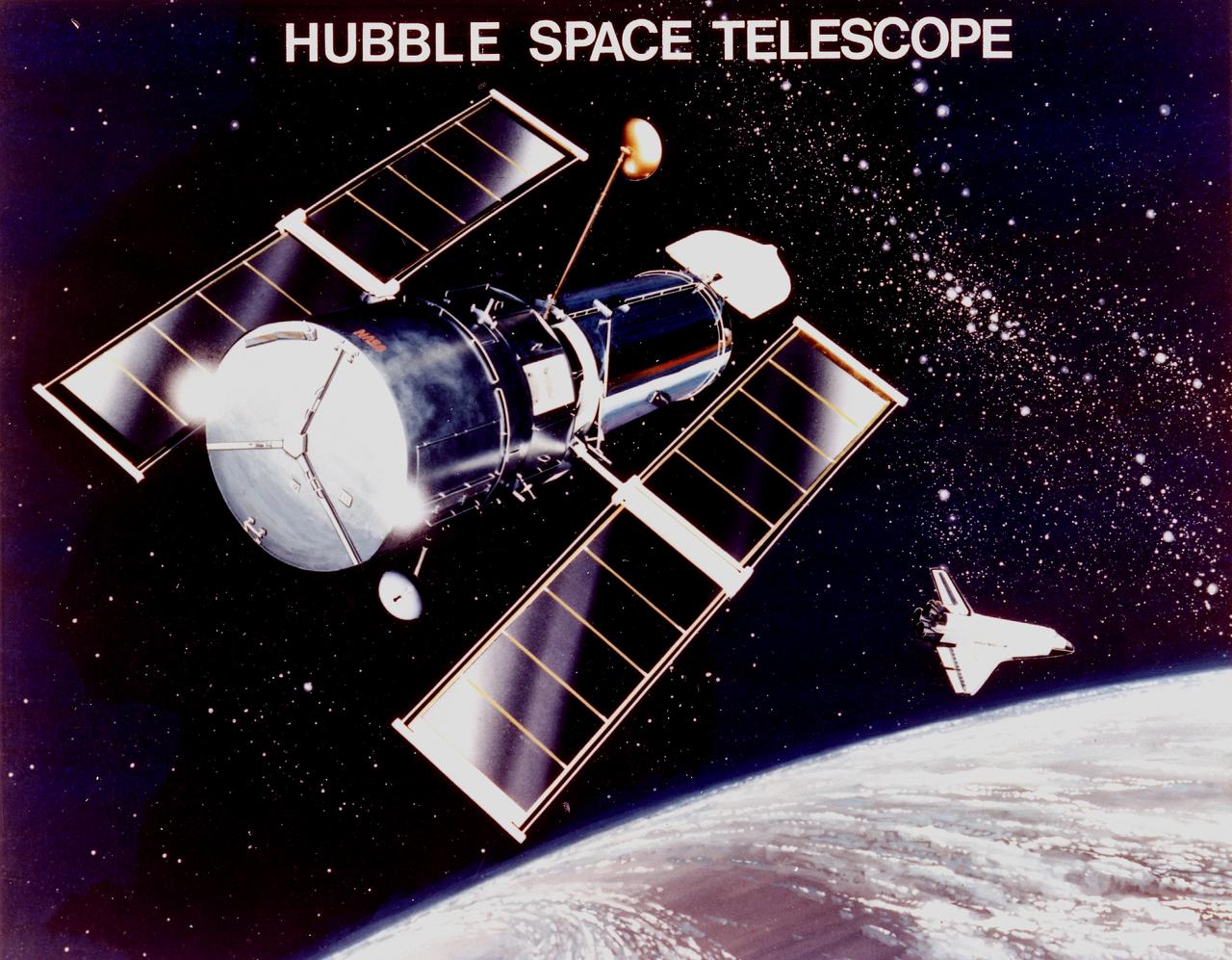 This is an artist's concept of the Hubble Space Telescope (HST). The HST is the product of a partnership between NASA, European Space Agency Contractors, and the international community of astronomers. It is named after Edwin P. Hubble, an American Astronomer who discovered the expanding nature of the universe and was the first to realize the true nature of galaxies. The purpose of the HST, the most complex and sensitive optical telescope ever made, is to study the cosmos from a low-Earth orbit. By placing the telescope in space, astronomers are able to collect data that is free of the Earth's atmosphere. The HST detects objects 25 times fainter than the dimmest objects seen from Earth and provides astronomers with an observable universe 250 times larger than is visible from ground-based telescopes, perhaps as far away as 14 billion light-years. The HST views galaxies, stars, planets, comets, possibly other solar systems, and even unusual phenomena such as quasars, with 10 times the clarity of ground-based telescopes. The major elements of the HST are the Optical Telescope Assembly (OTA), the Support System Module (SSM), and the Scientific Instruments (SI). The HST is approximately the size of a railroad car, with two cylinders joined together and wrapped in a silvery reflective heat shield blanket. Wing-like solar arrays extend horizontally from each side of these cylinders, and dish-shaped anternas extend above and below the body of the telescope. The HST was deployed from the Space Shuttle Discovery (STS-31 mission) into Earth orbit in April 1990. The Marshall Space Flight Center had responsibility for design, development, and construction of the HST. The Perkin-Elmer Corporation, in Danbury, Connecticut, developed the optical system and guidance sensors. The Lockheed Missile and Space Company of Sunnyvale, California produced the protective outer shroud and spacecraft systems, and assembled and tested the finished telescope. 
