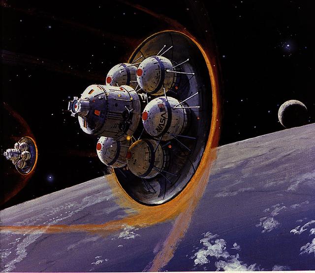 In June 1989 the Marshall Space Flight Center initiated studies of Space Transfer Vehicle (STV) concepts. A successor to the Orbital Transfer Vehicle (OTV) concept, the STV would be a high-performance space vehicle capable of transferring automated payloads from a Space Station to geosynchronous orbits, the Moon, or planets. Illustrated in this artist's concept are two STV's undergoing aerobraking maneuvers as they approach a Space Station.