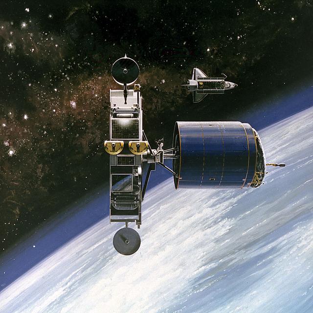 This 1986 artist's concept shows the Orbital Maneuvering Vehicle (OMV) towing a satellite. As envisioned by Marshall Space Flight Center plarners, the OMV would be a remotely-controlled free-flying space tug which would place, rendezvous, dock, and retrieve orbital payloads.