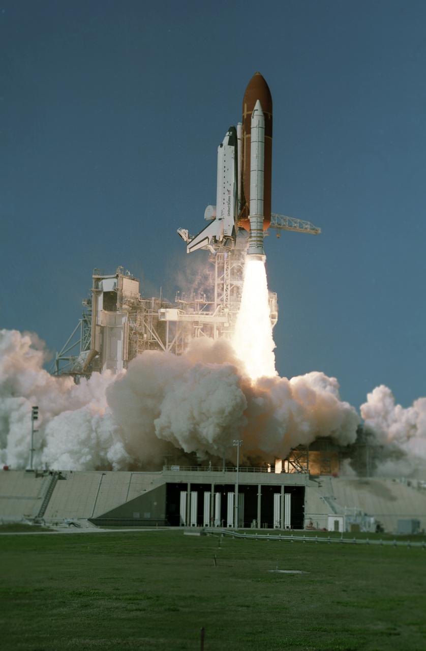 Space Shuttle orbiter Atlantis takes flight on its STS-27 mission, December 2, 1988, utilizing 375,000 pounds of thrust produced by its three main engines. The engines start in 3.9 seconds of ignition and go to static pump speeds of approximately 35,000 revolutions per minute during that time. The Marshall Space Flight Center had management responsibility of Space Shuttle propulsion elements, including the Main Engines. The STS-27 mission, the third mission dedicated to the Department of Defense (DOD), was crewed by five astronauts: Robert L. Gibson, commander; Guy S. Gardner, pilot; and mission specialists Richard M. Mullane, Jerry L. Ross, and William M. Shepherd.