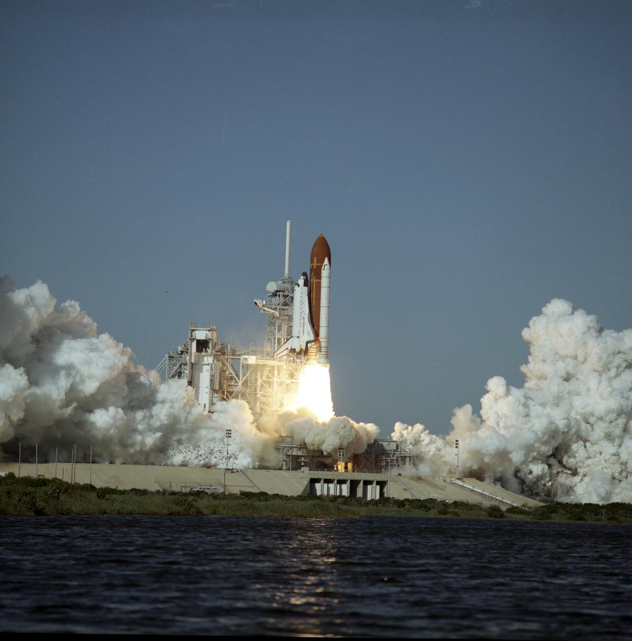 Space Shuttle orbiter Atlantis takes flight on its STS-27 mission, December 2, 1988, utilizing 375,000 pounds of thrust produced by its three main engines. The engines start in 3.9 seconds of ignition and go to static pump speeds of approximately 35,000 revolutions per minute during that time. The Marshall Space Flight Center had management responsibility of Space Shuttle propulsion elements, including the Main Engines. The STS-27 mission, the third mission dedicated to the Department of Defense (DOD), was crewed by five astronauts: Robert L. Gibson, commander; Guy S. Gardner, pilot; and mission specialists Richard M. Mullane, Jerry L. Ross, and William M. Shepherd.