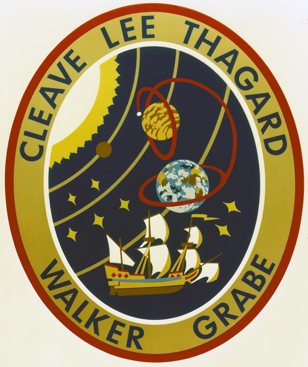 The STS-30 patch depicts the joining of NASA's manned and unmanned space programs. The sun and inner planets of our solar system are shown with the curve connecting Earth and Venus symbolizing the shuttle orbit, the spacecraft trajectory toward Venus, and its subsequent orbit around our sister planet. A Spanish caravel similar to the ship on the official Magellan program logo commemorates the 16th century explorer's journey and his legacy of adventure and discovery. Seven stars on the patch honor the crew of Challenger. The five-star cluster in the shape of the constellation Cassiopeia represent the five STS-30 crewmembers - Astronauts David Walker, Ronald Grabe, Norman Thagard, Mary Cleave and Mark Lee - who collectively designed the patch. 