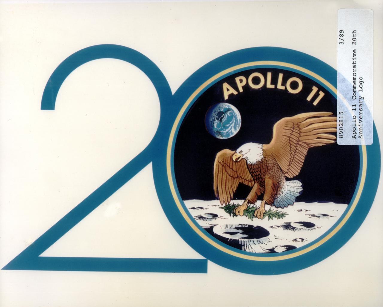 The Apollo 11 mission, the first manned lunar mission, launched from the Kennedy Space Center, Florida via the Marshall Space Flight Center (MSFC) developed Saturn V launch vehicle on July 16, 1969 and safely returned to Earth on July 24, 1969. Aboard the space craft were astronauts Neil A. Armstrong, commander; Michael Collins, Command Module (CM) pilot; and Edwin E. Aldrin Jr., Lunar Module (LM) pilot. The CM, piloted by Michael Collins remained in a parking orbit around the Moon while the LM, named “Eagle’’, carrying astronauts Neil Armstrong and Edwin Aldrin, landed on the Moon. During 2½ hours of surface exploration, the crew collected 47 pounds of lunar surface material for analysis back on Earth. With the success of Apollo 11, the national objective to land men on the Moon and return them safely to Earth had been accomplished. This logo represents the Commemorative 20th Anniversary of the Apollo 11 Lunar mission. Housed inside the zero of the numeral twenty is the original flight insignia in which an Eagle descending upon the lunar surface depicts the LM, named “Eagle’’.                                           