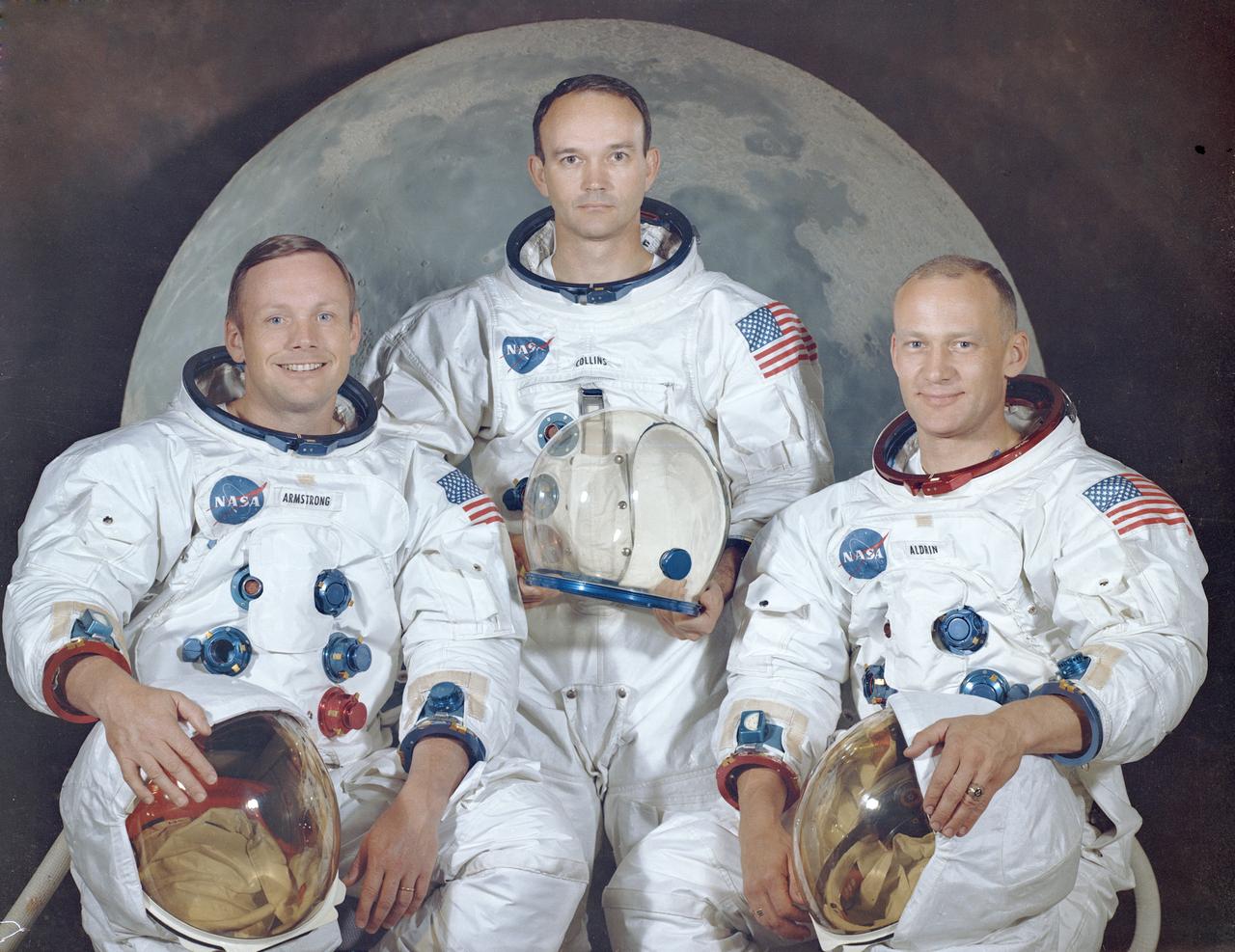 This is the official crew portrait of the Apollo 11 astronauts. Pictured from left to right are: Neil A. Armstrong, Commander; Michael Collins, Module Pilot; Edwin E. "Buzz" Aldrin, Lunar Module Pilot. Apollo 11 was the first marned lunar landing mission that placed the first humans on the surface of the moon and returned them back to Earth. Astronaut Armstrong became the first man on the lunar surface, and astronaut Aldrin became the second. Astronaut Collins piloted the Command Module in a parking orbit around the Moon. Launched aboard the Saturn V launch vehicle (SA-506), the three astronauts began their journey to the moon with liftoff from launch complex 39A at the Kennedy Space Center at 8:32 am CDT, July 16, 1969.