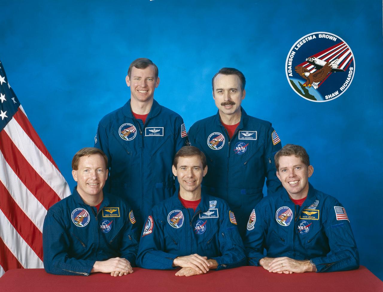 Five astronauts composed the STS-28 crew. Seated from left to right are Richard N. (Dick) Richards, pilot; Brewster H. Shaw, commander; and David C. Leestma, mission specialist 2. Standing, from left to right , are Mark N. Brown, mission specialist 3; and James C. (Jim) Adamson, mission specialist 1. Launched aboard the Space Shuttle Columbia on August 8, 1989, the STS-28 mission was the 4th mission dedicated to the Department of Defense.