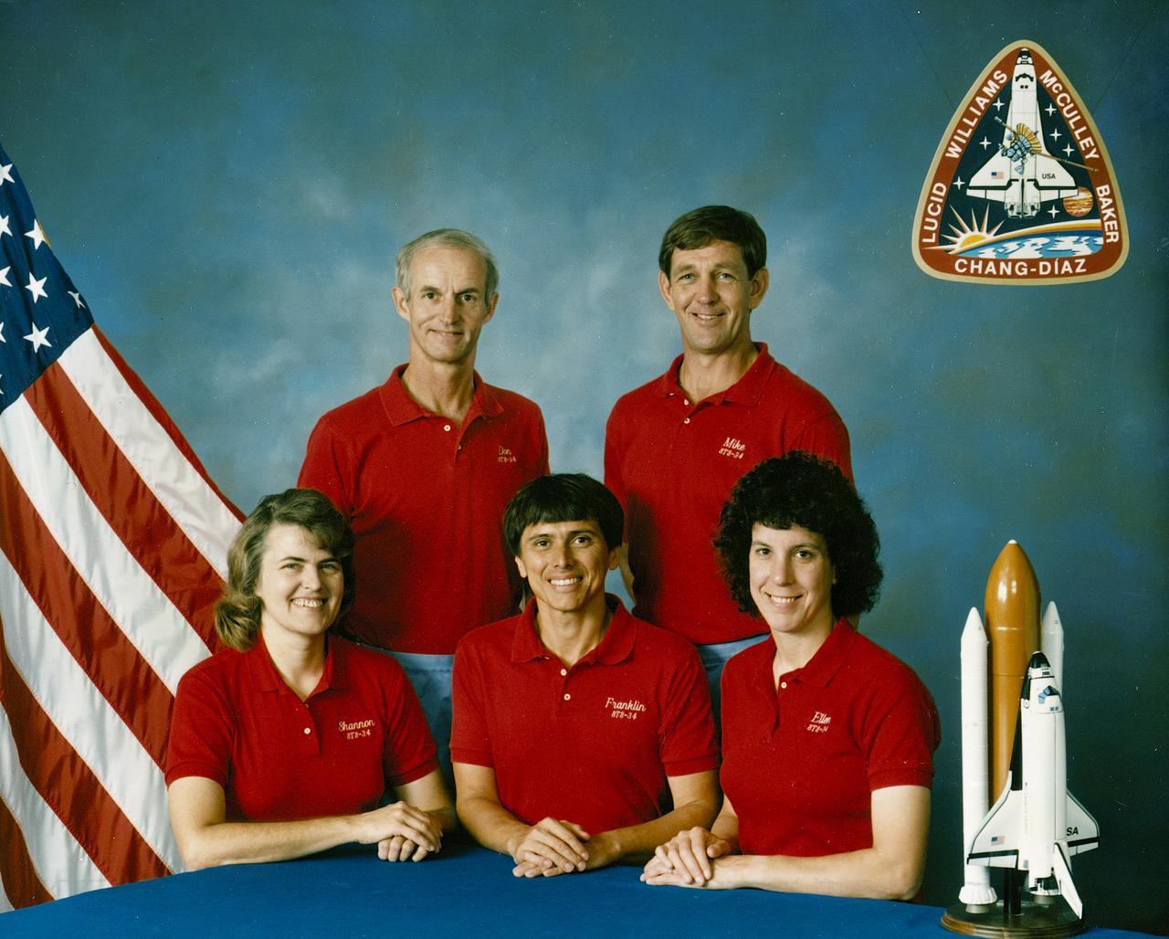 The STS-34 crew portrait includes 5 astronauts. Pictured left to right are Shannon W. Lucid,  mission specialist; Donald E. Williams, commander; Franklin R. Chang-Diaz, mission specialist; Michael J. McCulley, pilot; and Ellen S. Baker, mission secialist.  The crew of 5 launched aboard the Space Shuttle Orbiter Atlantis on October 18, 1989 at 12:53:40pm (EDT). The primary payload was the Galileo Jupiter Spacecraft and attached inertial upper stage (IUS). Deployed 6 hours and 30 minutes into the flight, the IUS stages fired, boosting Galileo on trajectory for a 6 year trip to Jupiter.