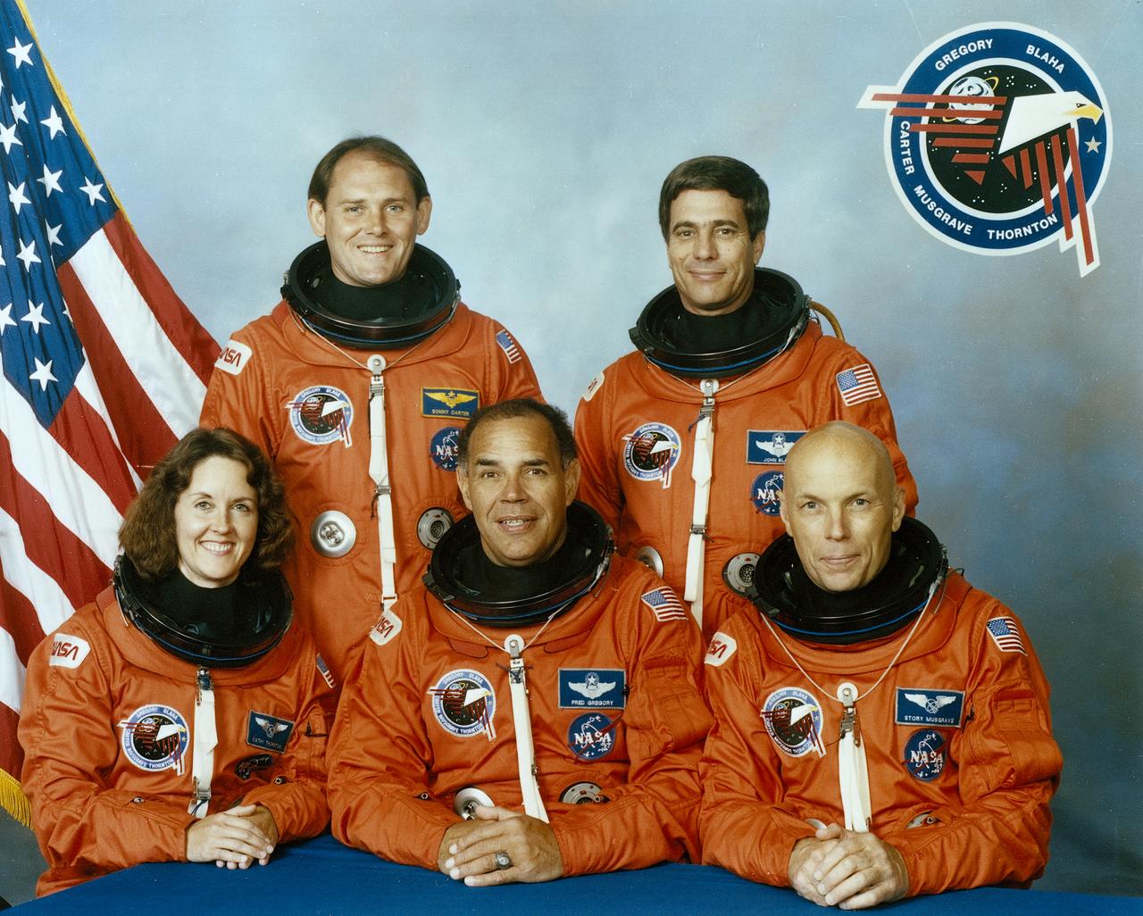 On November 22, 1989, at 7:23:30pm (EST), 5 astronauts were launched into space aboard the Space Shuttle Orbiter Discovery for the 5th Department of Defense mission, STS-33. Photographed from left to right are Kathryn C. Thornton, mission specialist 3; Manley L. (Sonny) Carter, mission specialist 2; Frederick D. Gregory, commander; John E. Blaha, pilot; and F. Story Musgrave, mission specialist 1. 