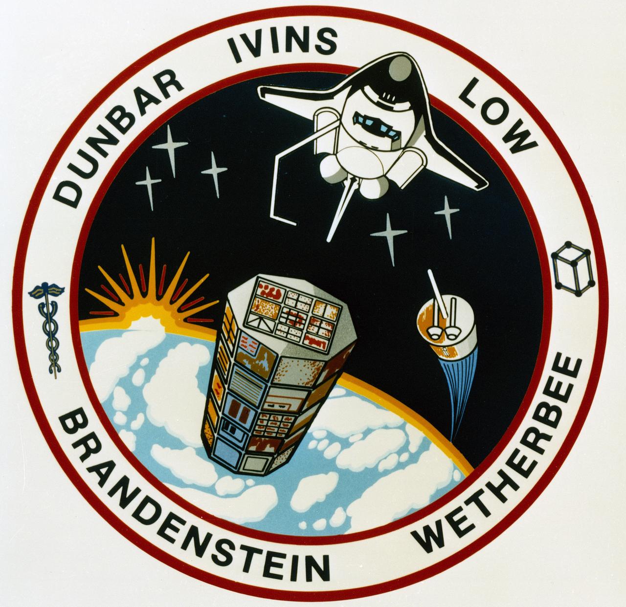 The STS-32 patch, designed by the five crewmembers for the scheduled December 1989 space mission, depicts the Space Shuttle orbiter rendezvousing with the Long Duration Exposure Facility (LDEF) satellite from above. The Syncom satellite is successfully deployed and on its way to geosynchronous orbit. Five stars have been arranged so that three are one side of the orbiter and two on the other to form the number 32. The seven major rays of the sun are in remembrance of the crewmembers for STS 51-L. 