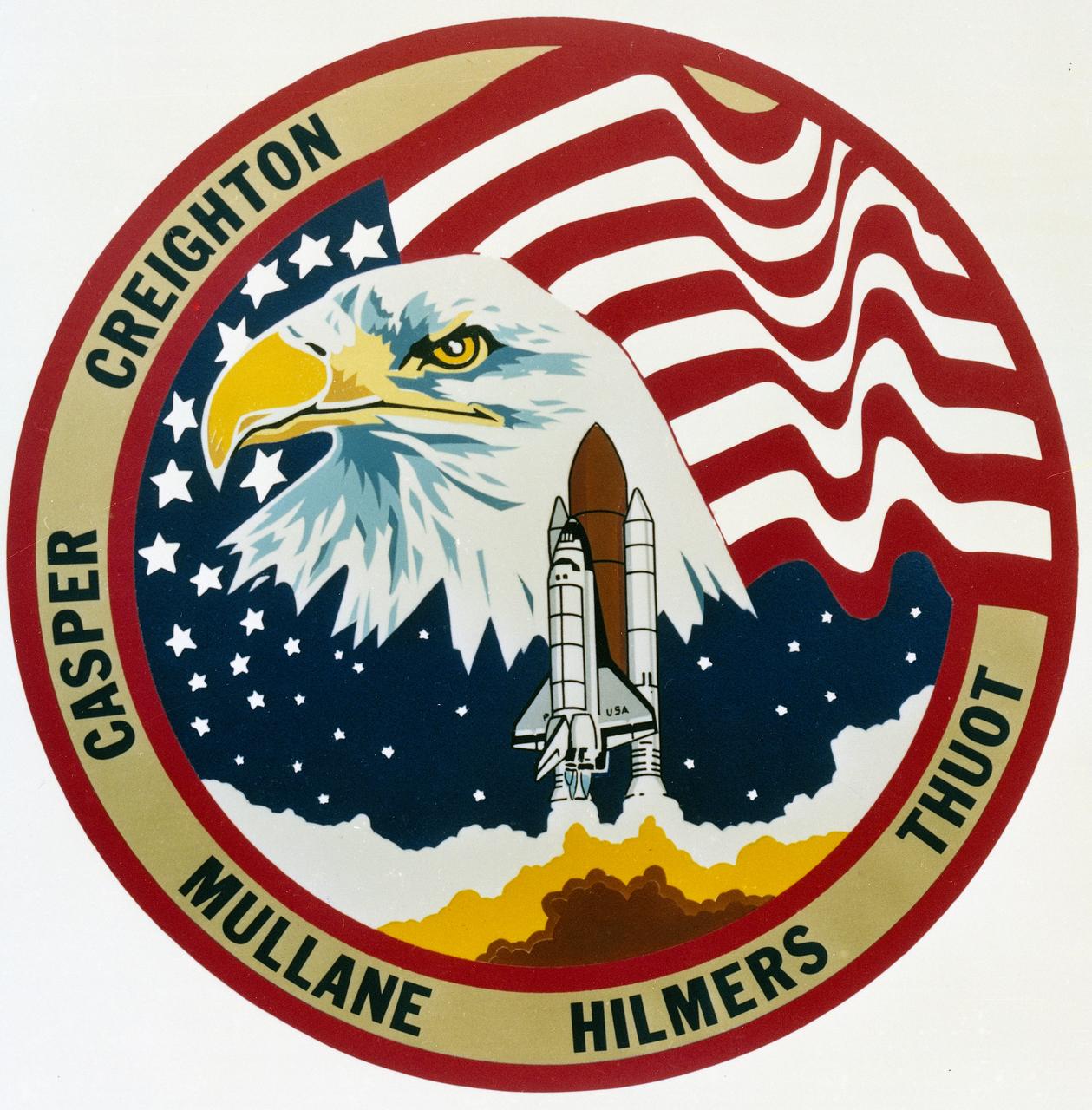 The dominant theme of the STS-36, designed by the five astronaut crewmembers, is, in their words ...the essential role that space plays in preserving the blessings of freedom and liberty for America. The crew used the eagle to symbolize our country's commitment to strength and vigilance; its domain is not bound by the limits of Earth but reaches out to the star. The Shuttle, they express majestically beginning its journey into orbit demonstrates how man and machine work together for the security of our nation. A crew spokesman went on to say the flag represents the patriotism and love for America possessed by each member of the five-man crew and signifies the honor accorded them through participation in national defense.