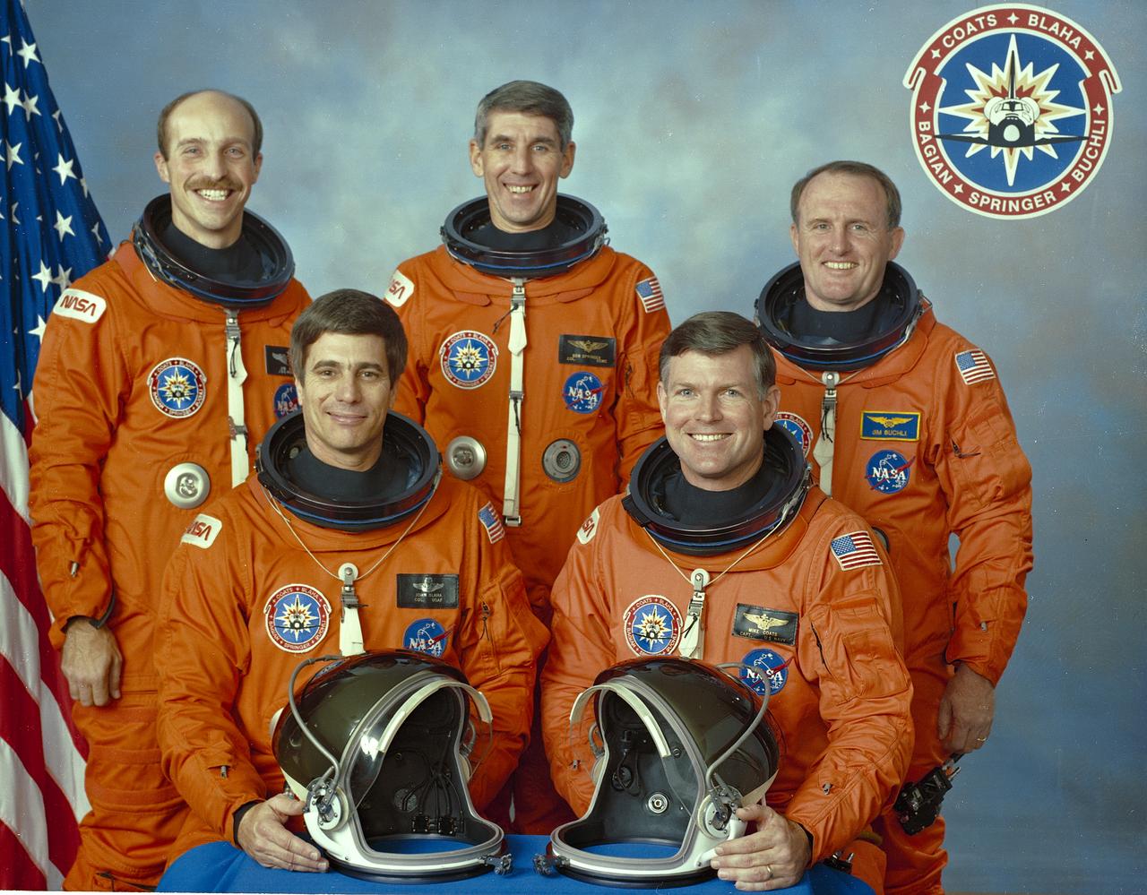 Five astronauts composed the STS-29 crew. Standing (left ot right) are James P. Bagian, mission specialist 1; Robert C. Springer, mission specialist 3; and James F. (Jim) Buchli, mission specialist 2.  Seated (left to right) are  John E. Blaha, pilot, and Michael L. Coats, commander. STS-29 launched aboard the Space Shuttle Discovery on March 13, 1989 at 9:57 am (EST).  The primary payload was the Tracking and Data Relay Satellite- 4 (TDRS-4).