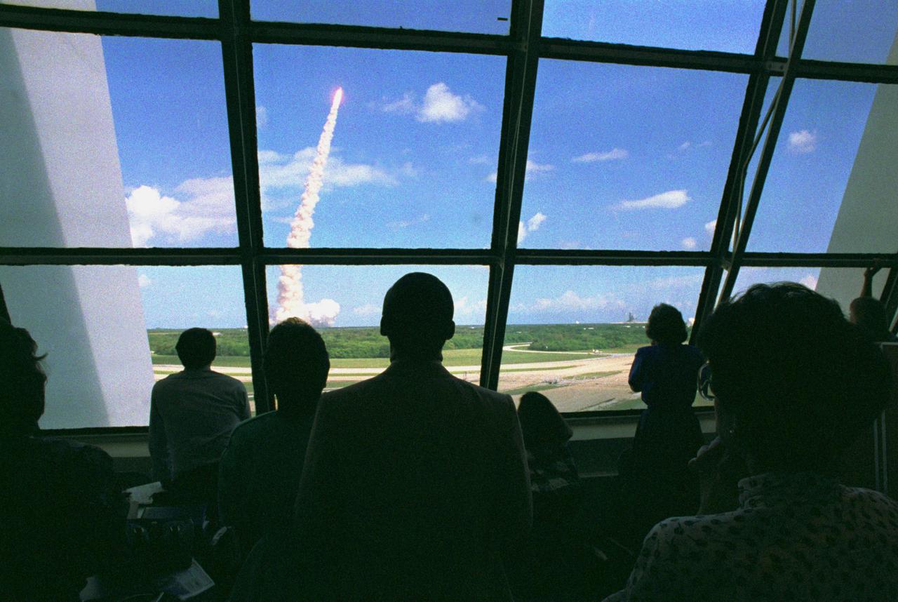 KENNEDY SPACE CENTER, Fla. -- As viewed from Firing Room One in the Launch Control Center, the STS-34 space shuttle Atlantis lifts off from Pad 39-B at 12:53 p.m. EDT, marking the beginning of a five-day mission in space. Atlantis is carrying a crew of five and the spacecraft Galileo, which will be deployed on a six-year trip to Jupiter.
