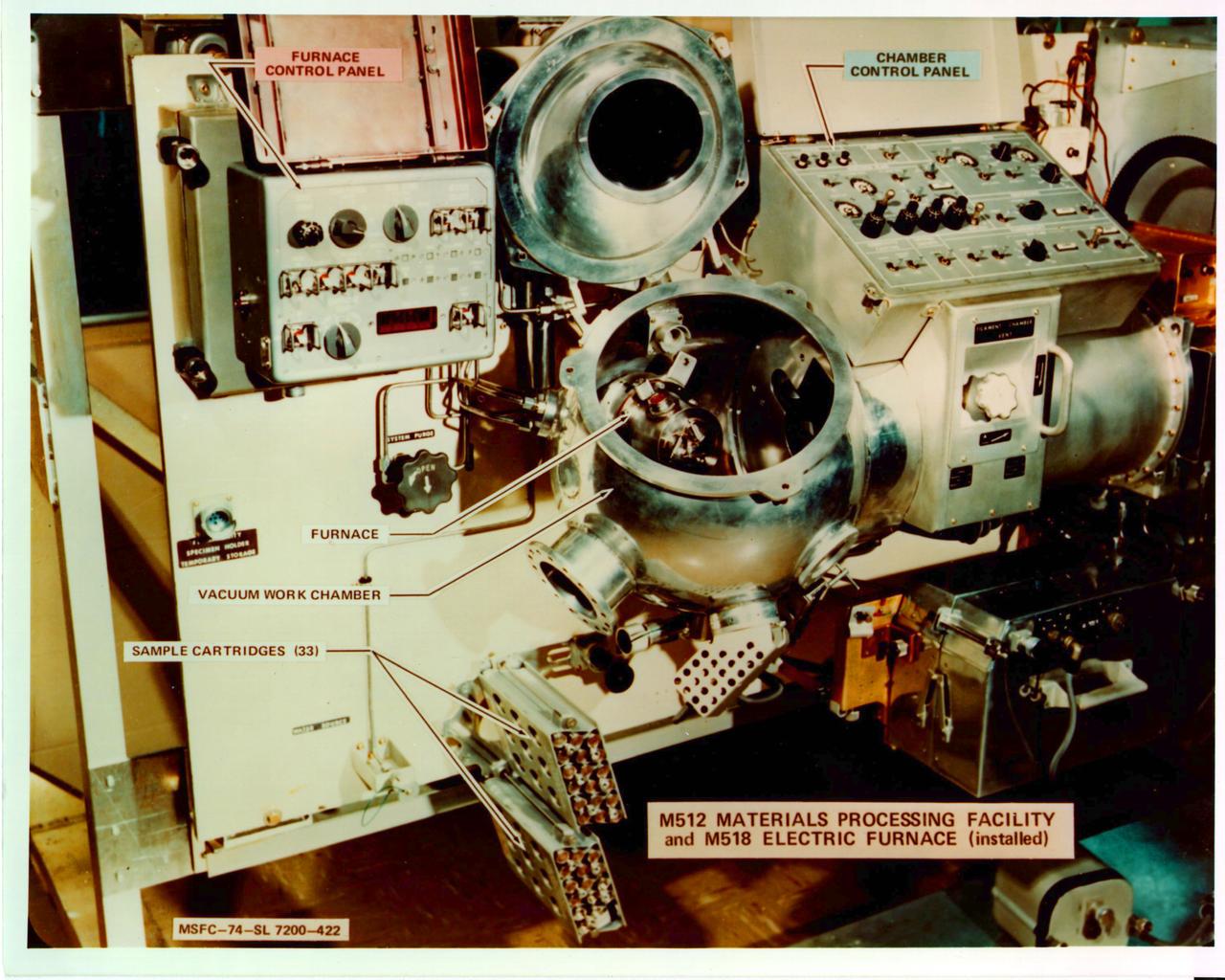The M512 Materials Processing Facility (MPF) with the M518 Multipurpose Electric Facility (MEF) tested and demonstrated a facility approach for materials process experimentation in space. It also provided a basic apparatus and a common interface for a group of metallic and nonmetallic materials experiments. The MPF consisted of a vacuum work chamber and associated mechanical and electrical controls. The M518 Multipurpose Electric Furnace (MEF) was an electric furnace system in which solidification, crystal growth, and other experiments involving phase changes were performed.