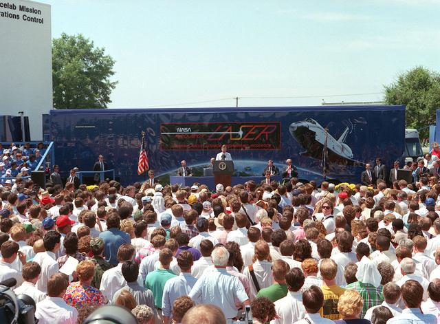 President George Bush delivers an address to Marshall Space Flight Center (MSFC) employees during his visit to the center. President Bush gave NASA employees an objective to send missions back to the moon to stay then continue on to Mars, referring to the Space Station project. 