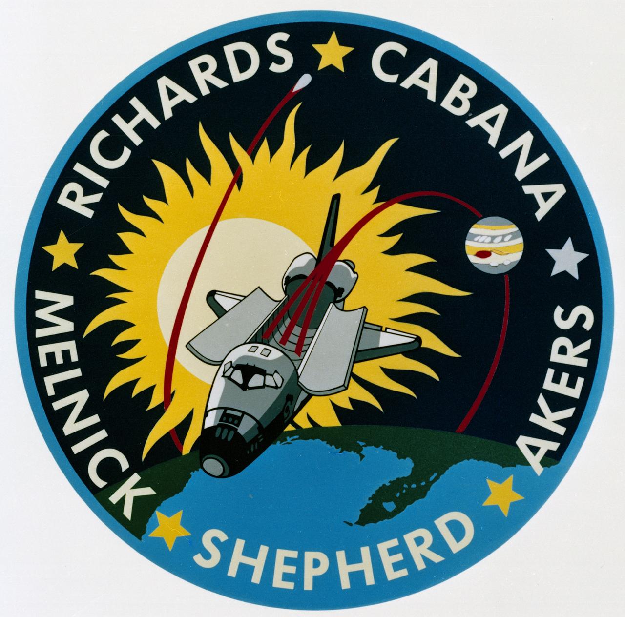 The STS-41 crew patch, designed by the five astronaut crewmembers, depicts the Space Shuttle orbiting Earth after deployment of its primary payload -- the Ulysses satellite. The orbiter is shown passing over the southeastern United States, representative of its 28-degree inclination orbit. Ulysses, the Solar Exploration Satellite, as the fastest man-made object in the universe, traveling at 30 miles per second (over 100,000 mph) is represented by the streaking silver teardrop passing over the sun. Ulysses' path is depicted by the bright red spiral originating from the Shuttle cargo bay. The three-legged trajectory, extending out the payload bay, is symbolic of the astronaut logo and is in honor of those who have given their lives in the conquest of space. The five stars, four gold and one silver, represent STS-41 and each of its crewmembers. 