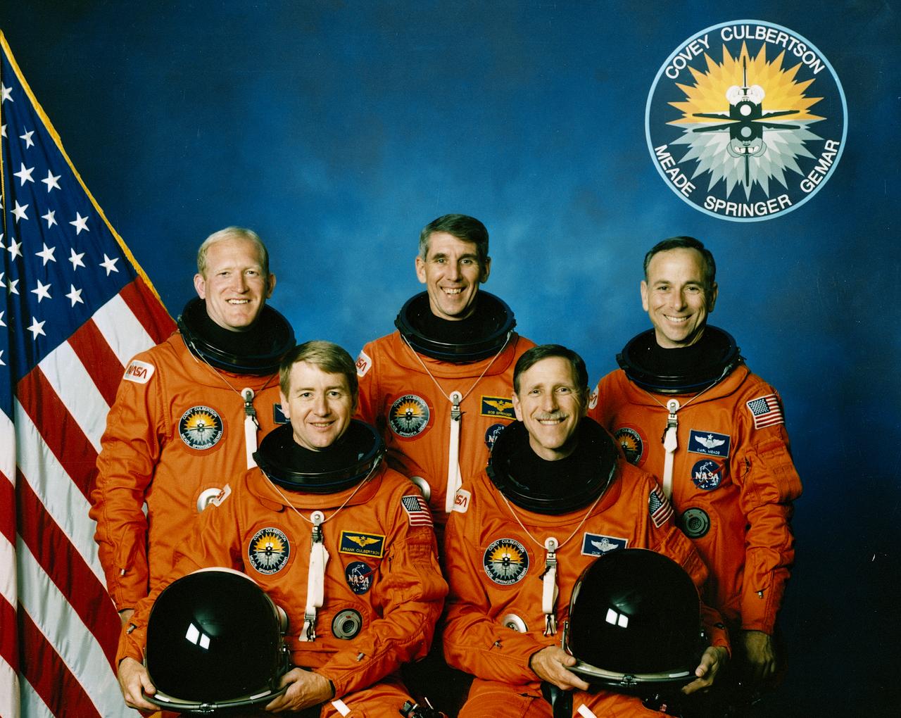 The official STS-38 crew portrait includes the following 5 astronauts (front left to right): Frank L. Culbertson, pilot; and Richard O. Covey, commander. Standing (left to right) are mission specialists (MS) Charles D. (Sam) Gemar, (MS-3), Robert C. Springer, (MS-1), and Carl J. Meade, (MS-2).  The seventh mission dedicated to the Department of Defense (DOD), the STS-38 crew launched aboard the Space Shuttle Atlantis on November 15, 1990 at 6:48:15 pm (EST).   