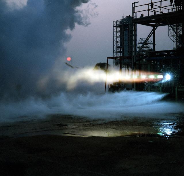 A 40K Pratt Whitney engine for the National Launch System is test fired at Marshall's Test Stand 116.