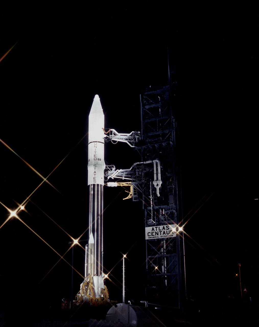 The Atlas-Centaur, AC-68 vehicle, with the FLTSATCOM (F-8 Communication Satellite) aboard, on the Complex 36 at the Cape Canaveral Air Force Station. The FLTSATCOM will provide communications for ships and submarines at sea, planes in the air and military ground units throughout the world. It will also provide instant communications between the President and the Commanding Officers. 
