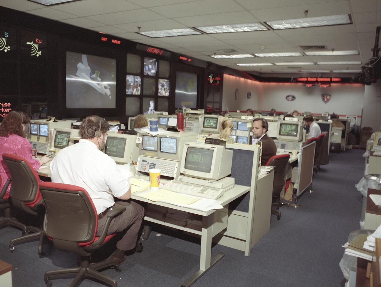 The primary objective of the STS-35 mission was round the clock observation of the celestial sphere in ultraviolet and X-Ray astronomy with the Astro-1 observatory which consisted of four telescopes: the Hopkins Ultraviolet Telescope (HUT); the Wisconsin Ultraviolet Photo-Polarimeter Experiment (WUPPE); the Ultraviolet Imaging Telescope (UIT); and the Broad Band X-Ray Telescope (BBXRT). The Huntsville Operations Support Center (HOSC) Spacelab Payload Operations Control Center (SL POCC) at the Marshall Space Flight Center (MSFC) was the air/ground communication channel used between the astronauts and ground control teams during the Spacelab missions. Teams of controllers and researchers directed on-orbit science operations, sent commands to the spacecraft, received data from experiments aboard the Space Shuttle, adjusted mission schedules to take advantage of unexpected science opportunities or unexpected results, and worked with crew members to resolve problems with their experiments. Due to loss of data used for pointing and operating the ultraviolet telescopes, MSFC ground teams were forced to aim the telescopes with fine tuning by the flight crew. This photo is an overview of the MSFC Payload Control Room (PCR).