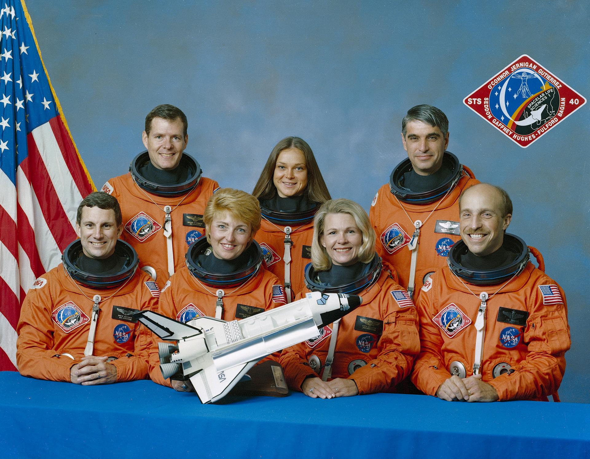 Seven astronauts in orange spacesuits pose in front of US flag with model shuttle.