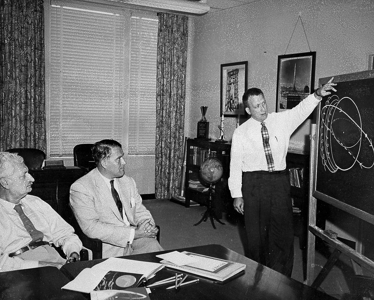 Professor Hermann Oberth and Dr. von Braun are briefed on satellite orbits by Dr. Charles A. Lundquist at Army Ballistic Missile Agency, Redstone Arsenal, Huntsville, Alabama. 