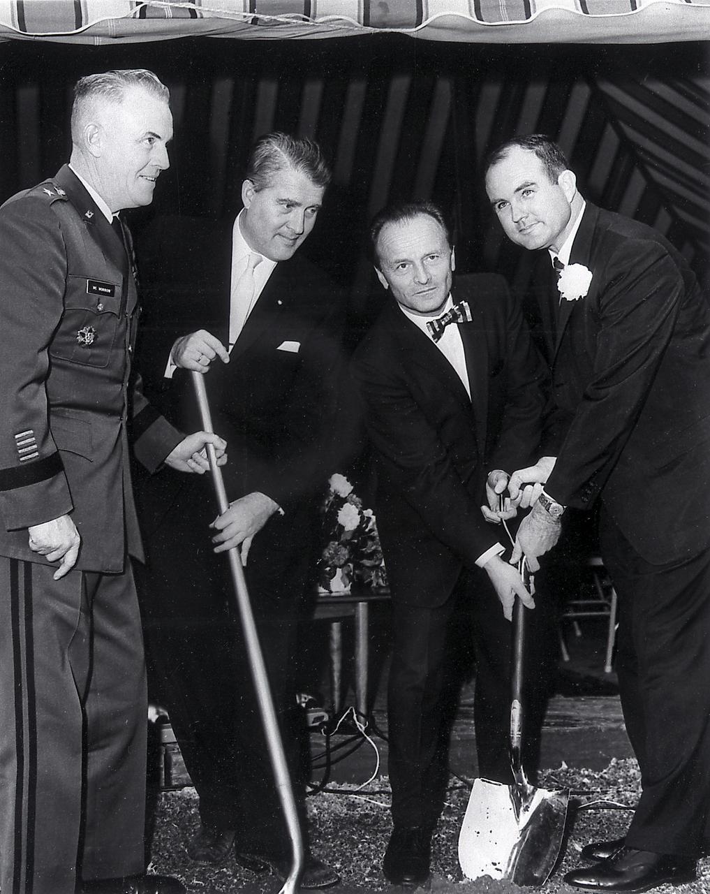 Dr. von Braun, Major General Francis McMorrow, and Alabama Governor, John Patterson (far left) participated in the ground breaking ceremony for the University of Alabama Research Institute in Huntsville, December 20, 1962. 