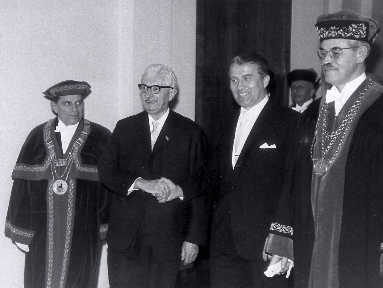 Dr. von Braun and Professor Hermann Oberth are honored by the Berlin Technical University. Both received honorary doctorates on January 8, 1963.