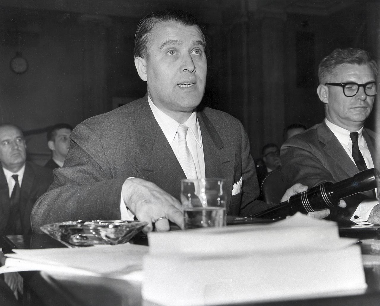 Dr. von Braun, Director of the Marshall Space Flight Center, spoke of the progress in the Saturn Program during his appearance before the Senate Committee on Aeronautical and Space Sciences. He was accompanied by Dr. Robert C. Seamans, Jr., Associate Administrator of the National Aeronautics and Space Administration (NASA).