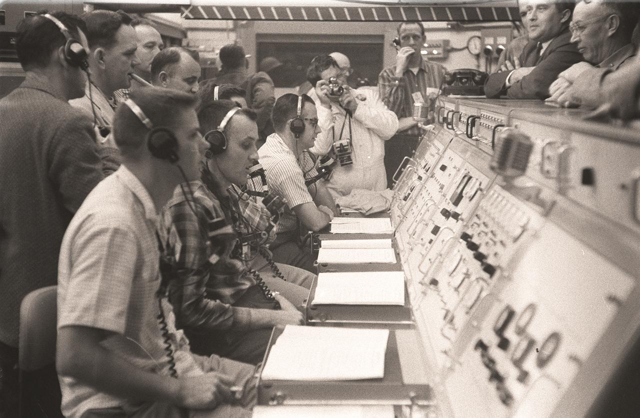 Dr. von Braun at the launch control room during the Pioneer IV launch, March 3, 1959.