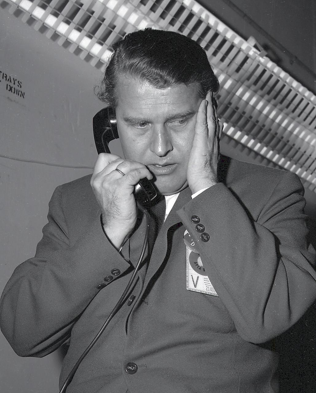 Dr. von Braun on the telephone prior to the launch of the Pioneer IV, March 1, 1959.