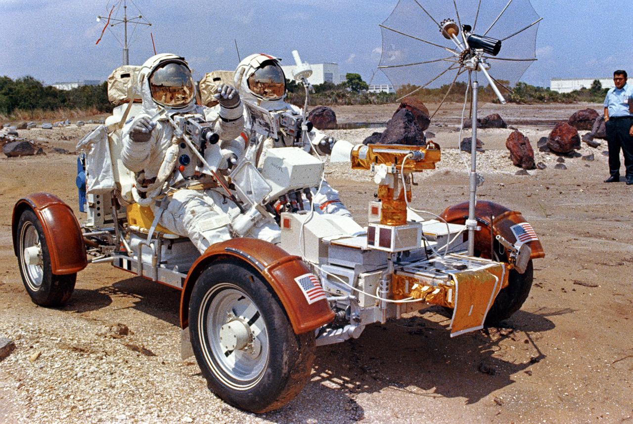 This photograph was taken during the testing of the Lunar Roving Vehicle (LRV) at the Johnson Space Center. Developed by the MSFC, the LRV was the lightweight electric car designed to increase the range of mobility and productivity of astronauts on the lunar surface. It was used on the last three Apollo missions; Apollo 15, Apollo 16, and Apollo 17. 