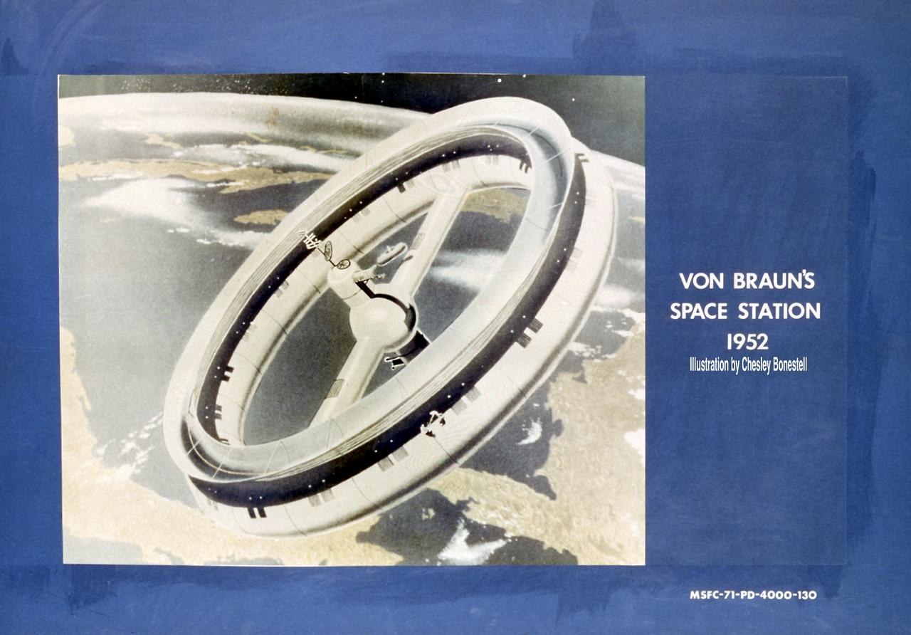This is a von Braun 1952 space station concept. In a 1952 series of articles written in Collier's, Dr. Wernher von Braun, then Technical Director of the Army Ordnance Guided Missiles Development Group at Redstone Arsenal, wrote of a large wheel-like space station in a 1,075-mile orbit. This station, made of flexible nylon, would be carried into space by a fully reusable three-stage launch vehicle. Once in space, the station's collapsible nylon body would be inflated much like an automobile tire. The 250-foot-wide wheel would rotate to provide artificial gravity, an important consideration at the time because little was known about the effects of prolonged zero-gravity on humans. Von Braun's wheel was slated for a number of important missions: a way station for space exploration, a meteorological observatory and a navigation aid. This concept was illustrated by artist Chesley Bonestell.
