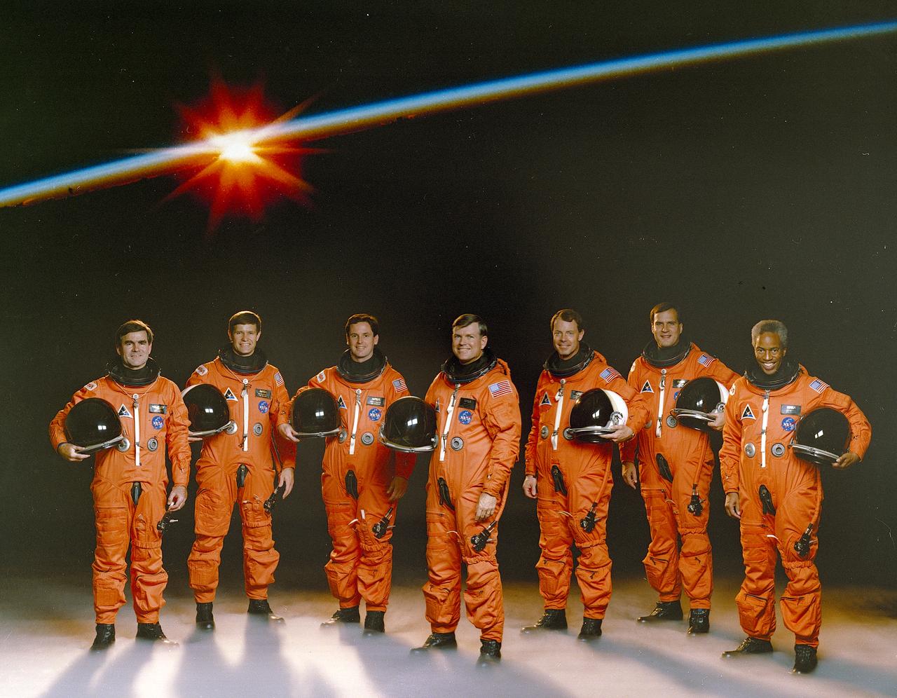 The STS-39 crew portrait includes 7 astronauts. Pictured are Charles L. Veach, mission specialist 5; Michael L. Coats, commander; Gregory J. Harbaugh, mission specialist 2; Donald R. McMonagle, mission specialist 4; L. Blaine Hammond, pilot; Richard J. Hieb, mission specialist 3; and Guion S. Buford, Jr., mission specialist 1. Launched aboard the Space Shuttle Discovery on April 28, 1991 at 7:33:14 am (EDT), STS-39 was a Department of Defense (DOD) mission.  The primary unclassified payload included the Air Force Program 675 (AFP-675), the Infrared Background Signature Survey (IBSS), and the Shuttle Pallet Satellite II (SPAS II). 