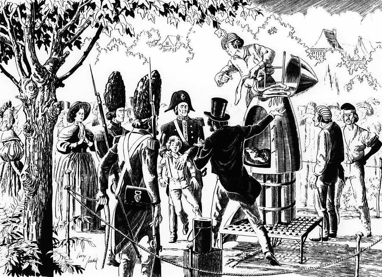 During the 19th century, rocket enthusiasts and inventors began to appear in almost every country. Some people thought these early rocket pioneers were geniuses, and others thought they were crazy. Claude Ruggieri, an Italian living in Paris, apparently rocketed small animals into space as early as 1806. The payloads were recovered by parachute. As depicted here by artist Larry Toschik, French authorities were not always impressed with rocket research. They halted Ruggieri's plans to launch a small boy using a rocket cluster. (Reproduced from a drawing by Larry Toschik and presented here courtesy of the artist and Motorola Inc.)