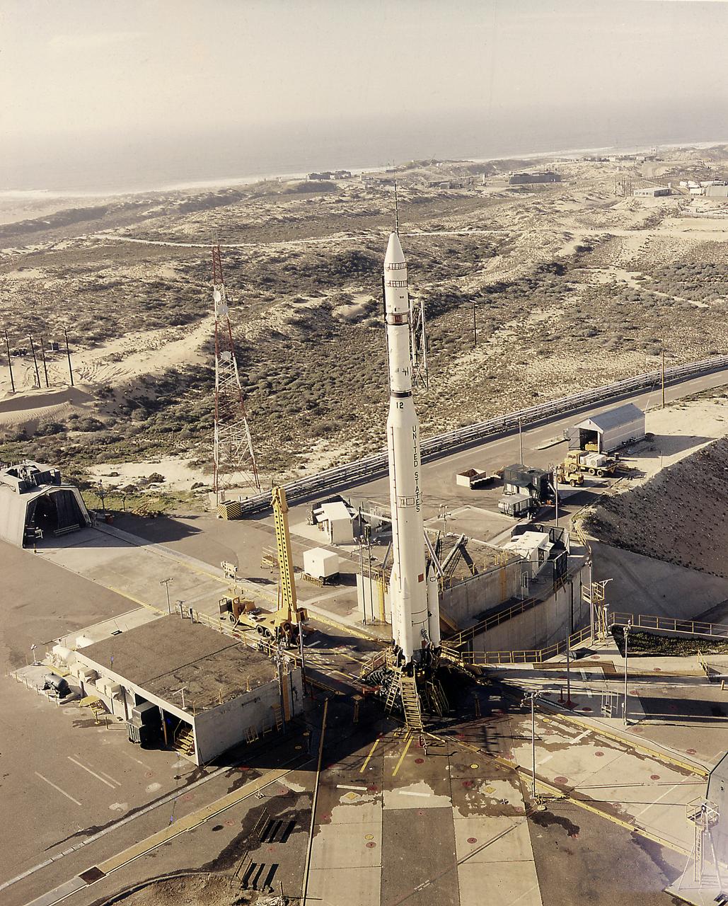 The Thorad-Agena launch vehicle with the SERT-2 (Space Electric Rocket Test-2) spacecraft on launch pad at the Western Test Range in California. The SERT-2 was launched on February 4, 1970 and tested the capability of an electric ion thruster system.
